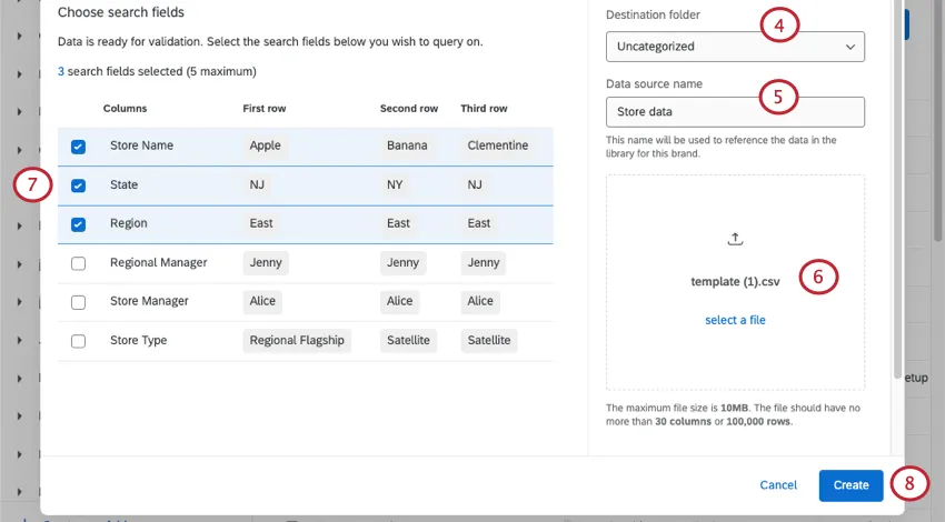 Spreadsheet data loads in new window, selecting fields to act as searchable fields, before saving changes