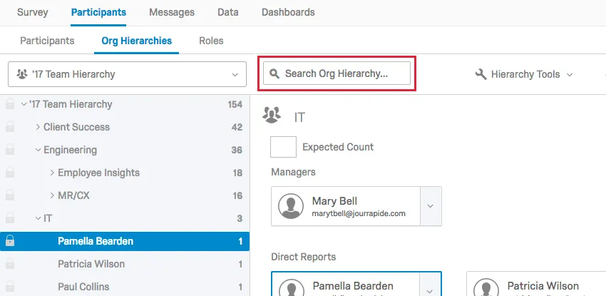 the search at the top of the org hierarchy tab to search for units