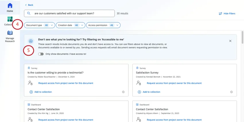 Image of search results; beneath the search bar is a warning about documents you have access to and some filters you can use to narrow down results