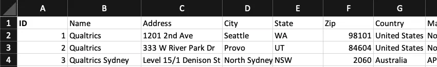Spreadsheet of location data