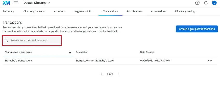 the search bar at the top of the transactions tab