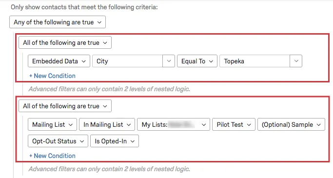 There are two condition sets indented on the same level that start with all of the following are true. These two sets are indented under an Any of the following are true