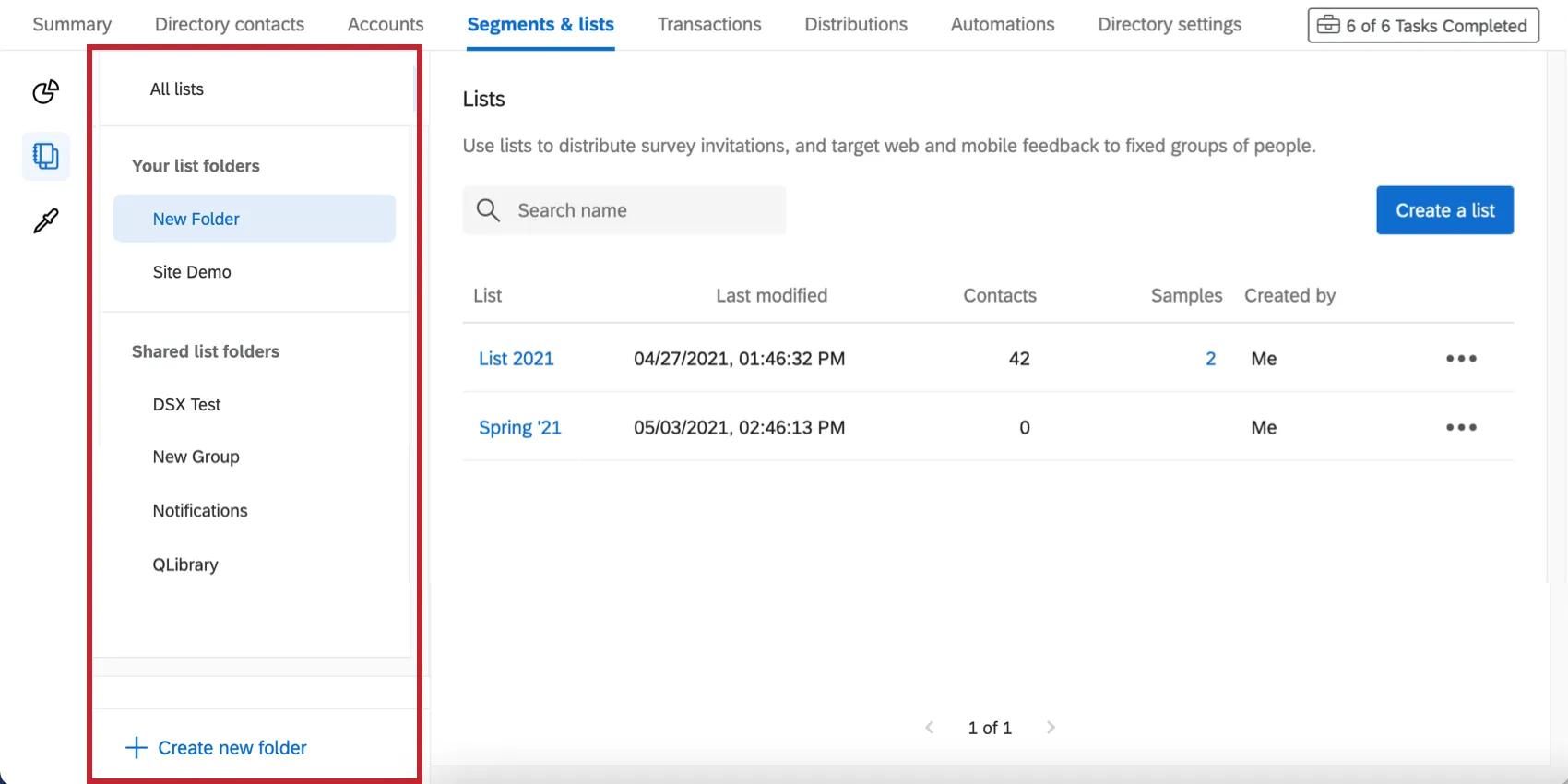 on far left of lists tab, folders are listed