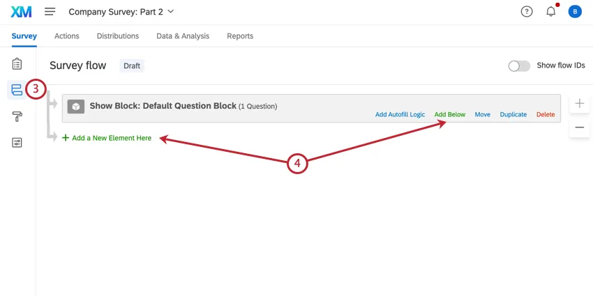 navigating to survey flow and clicking add a new element here