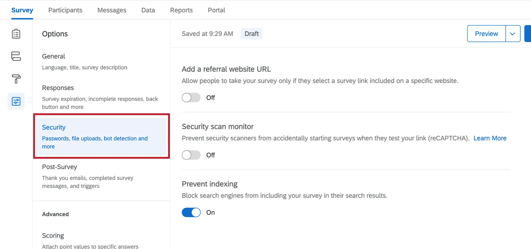 Security section of survey options