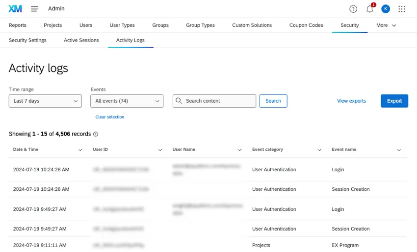image of activity logs page, where events are listed with timestamps and user names