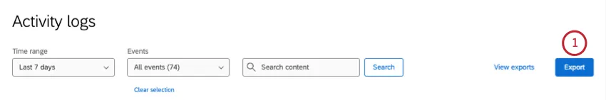 activity logs menu with time range and events selectors; export button in blue on the right