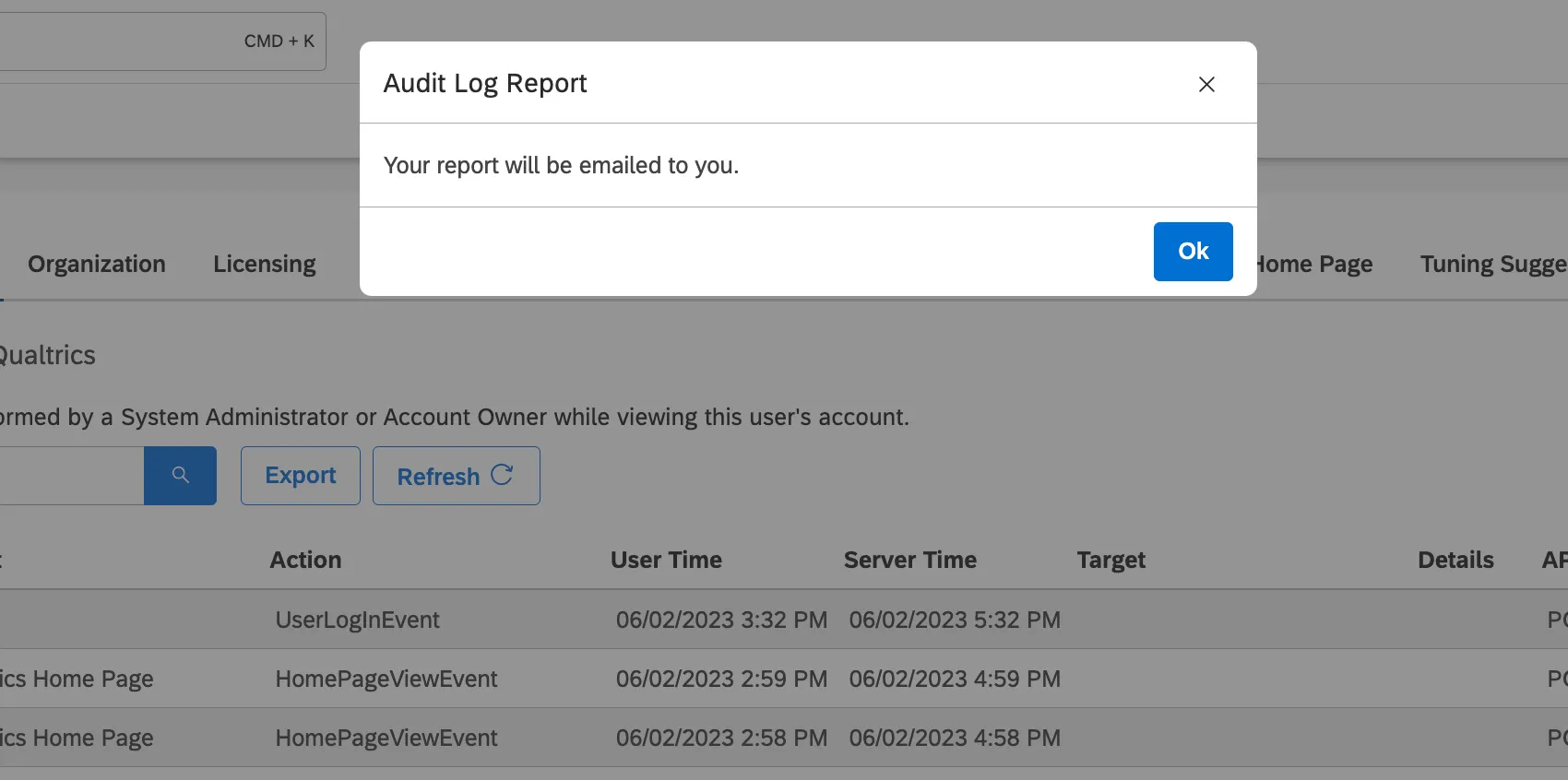 confirmation message says the log will come over email