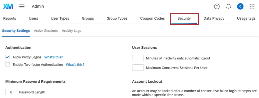 Security tab on the upper-right Admin page