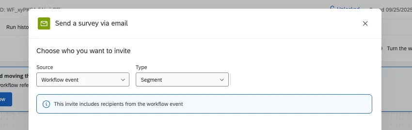 fenster eines Workflows, in dem Sie eine E-mail-Aufgabe zum Versenden von Ereignissen eingerichtet haben. Sie können die Segment-Ereignis-Informationen für Ihre Empfänger:in auswählen