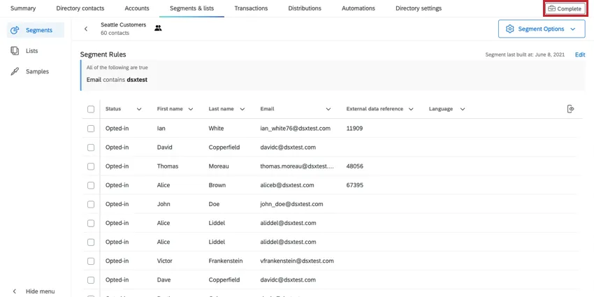 Completed message highlighted at the top right of the screen