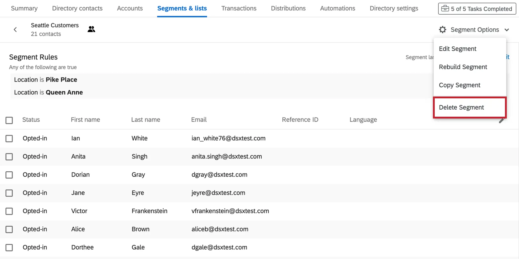 Innerhalb eines Segments besteht die vierte Option in der Segmentoptions-Dropdown-Liste darin, es zu löschen.