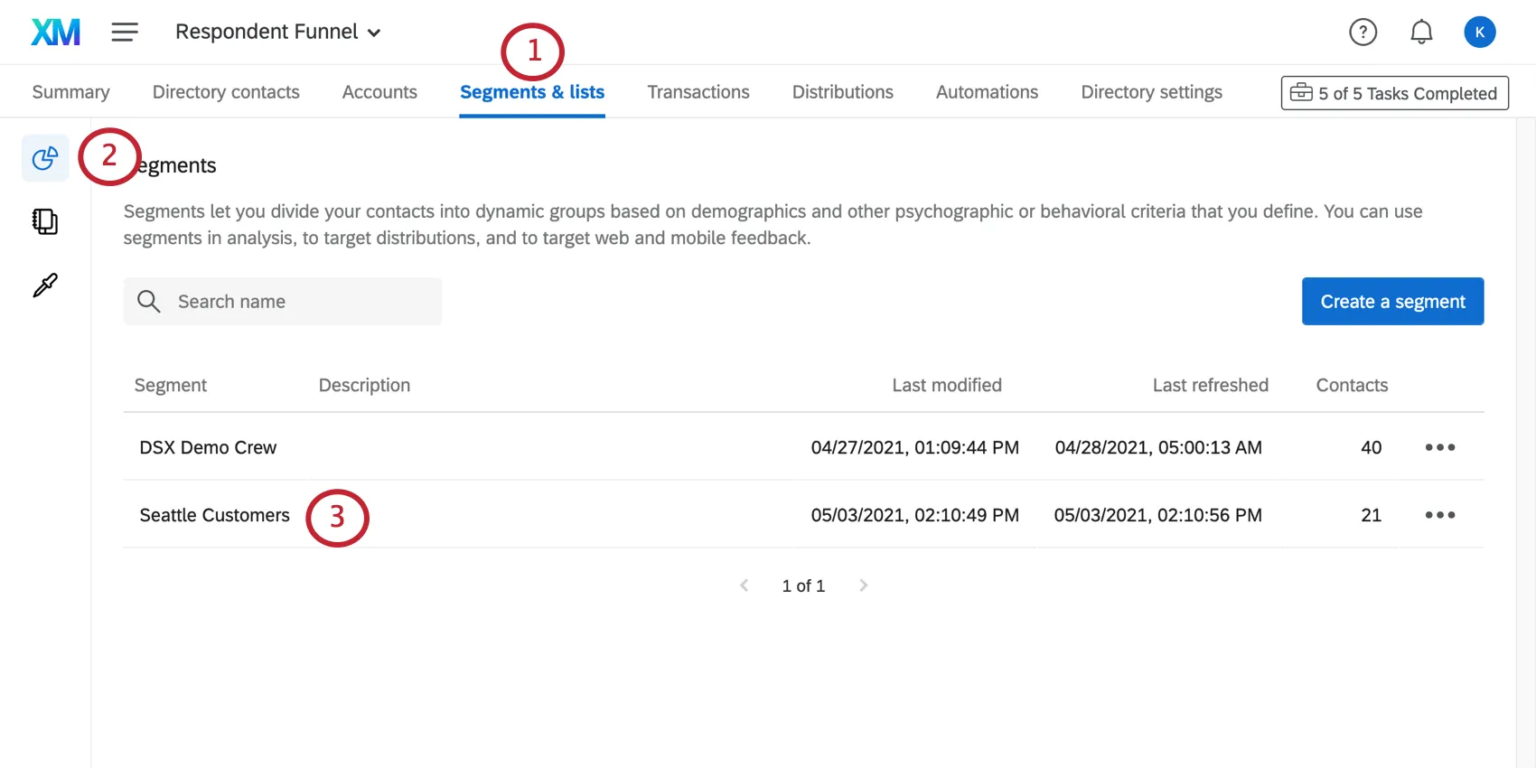 Image shows the segments and lists tab of the directory, specifically the segments section