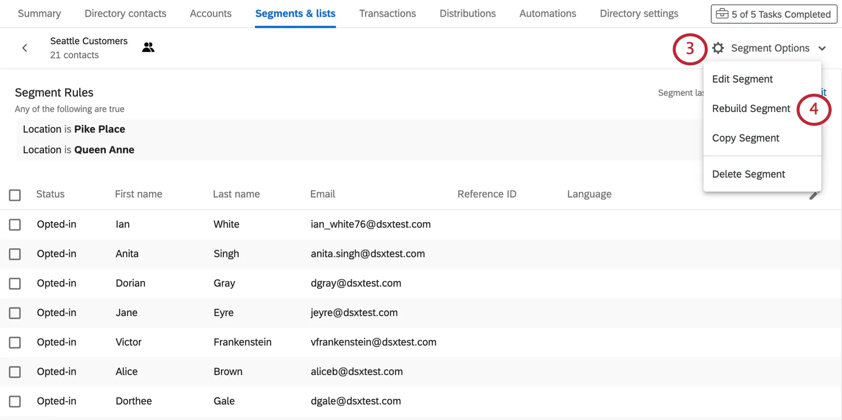 Once inside segment, "segment options" button
