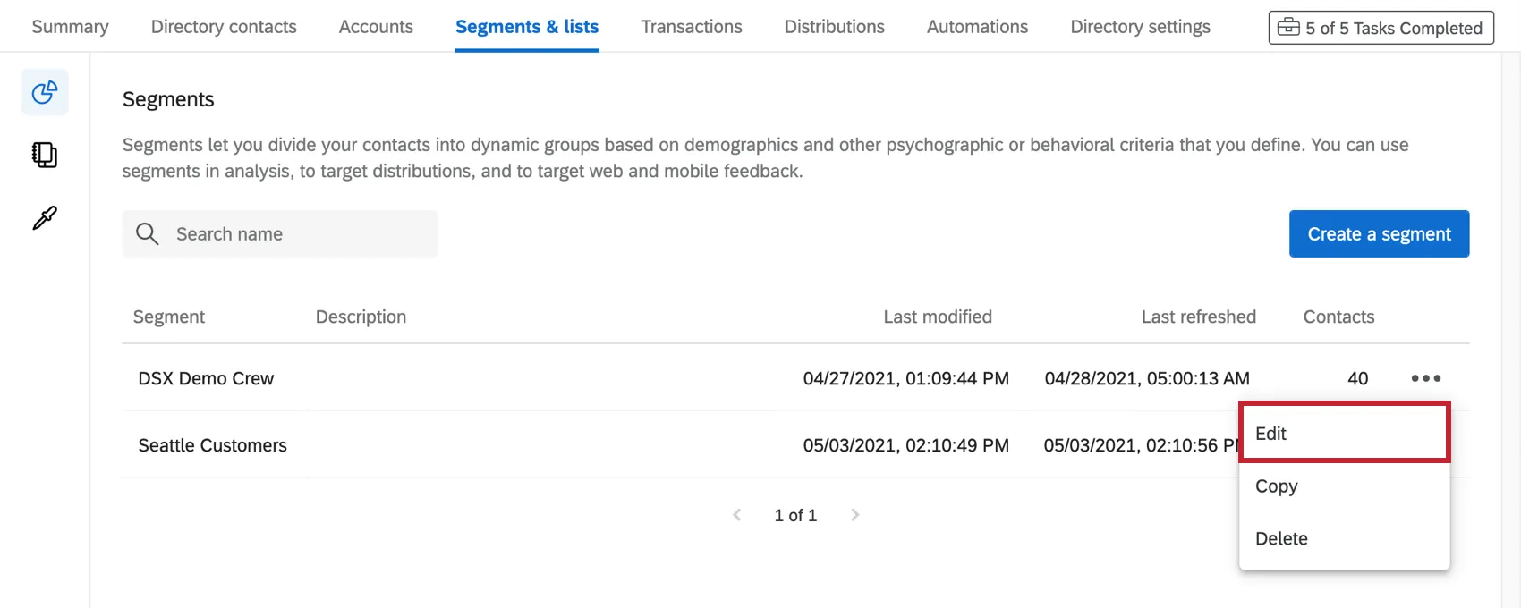 Dropdown weiter Segment aufgeklappt, erste Option zum Bearbeiten