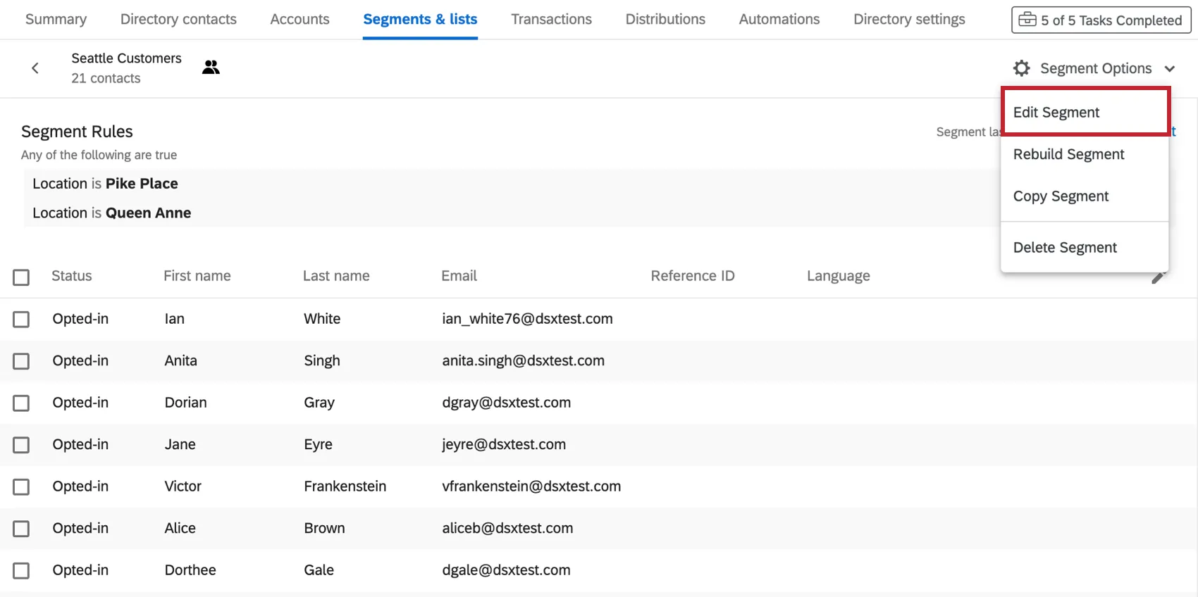 Innerhalb eines Segments besteht die erste Option in der Dropdown-Liste für die Segmentoptionen darin, es zu bearbeiten.