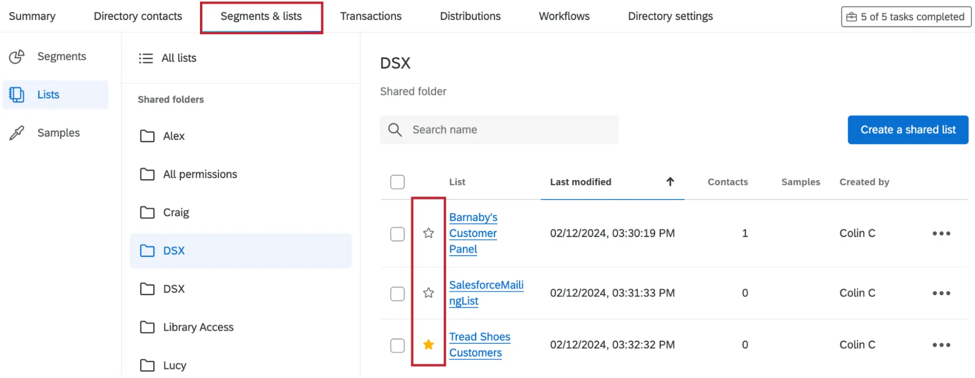 icons within the "segments & lists" tab to add a segment or list as a favorite