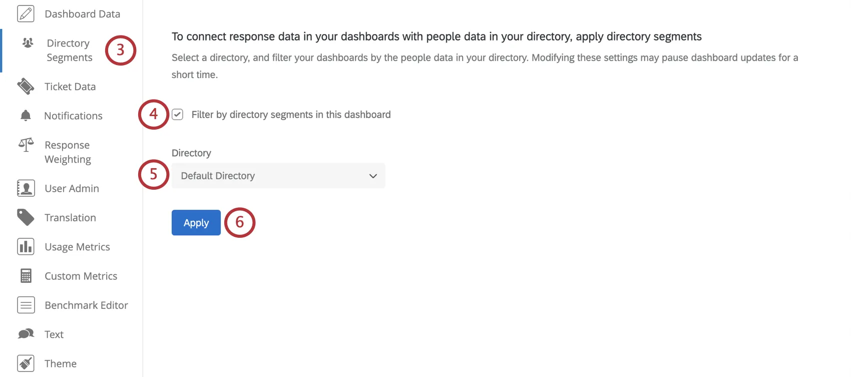 Directory segments section of the dashboard settings