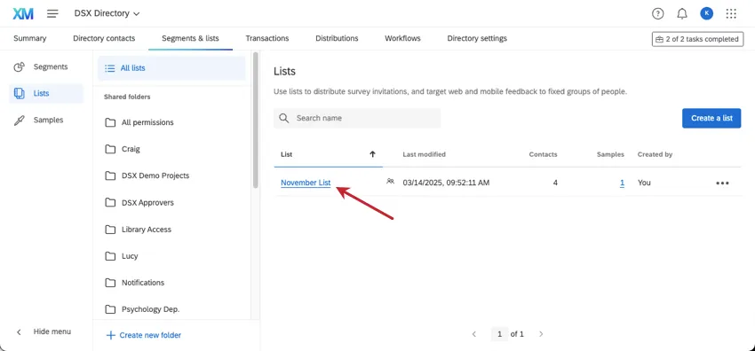 image shows the directory open to the segments and lists tab, lists selected to left, and then an arrow pointing to a specific list name