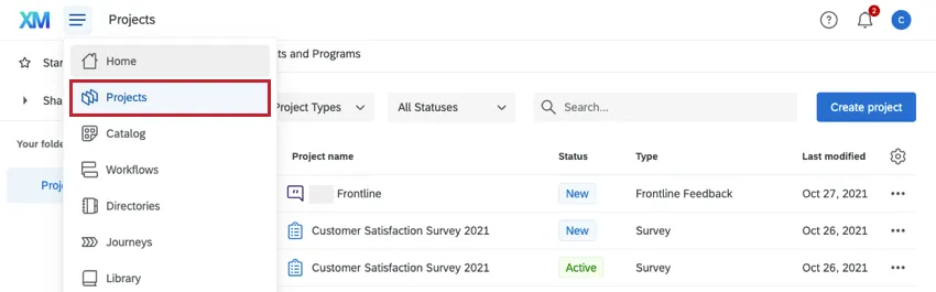 Projects being selected from the navigation menu