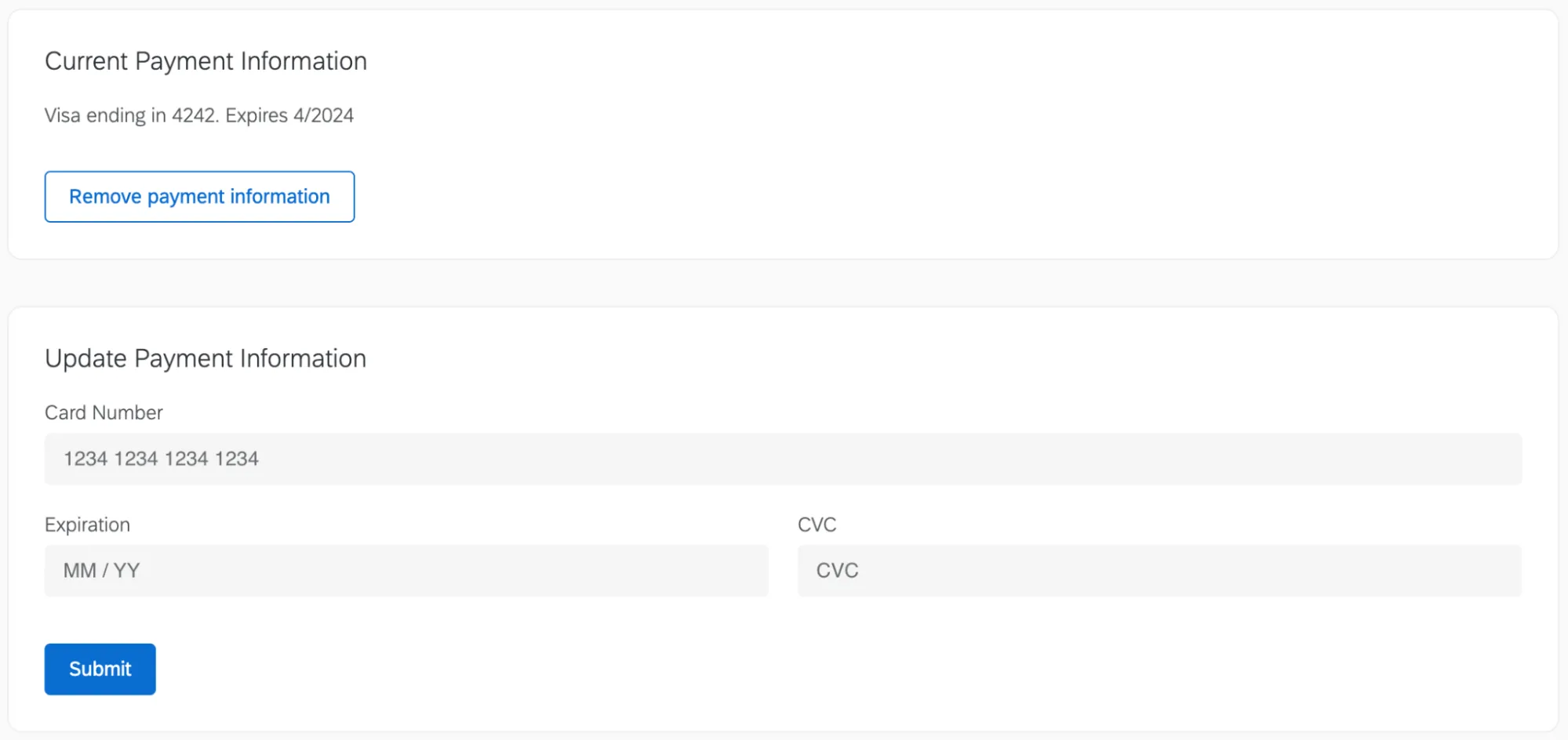 fields to update credit card info