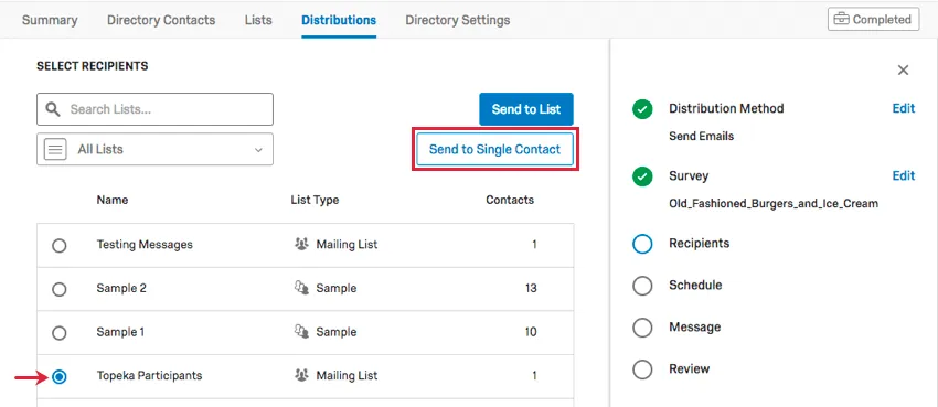 Send to single contact is highlighted