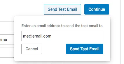 Invia e-mail di prova apre una finestra in cui è possibile inserire un indirizzo e-mail