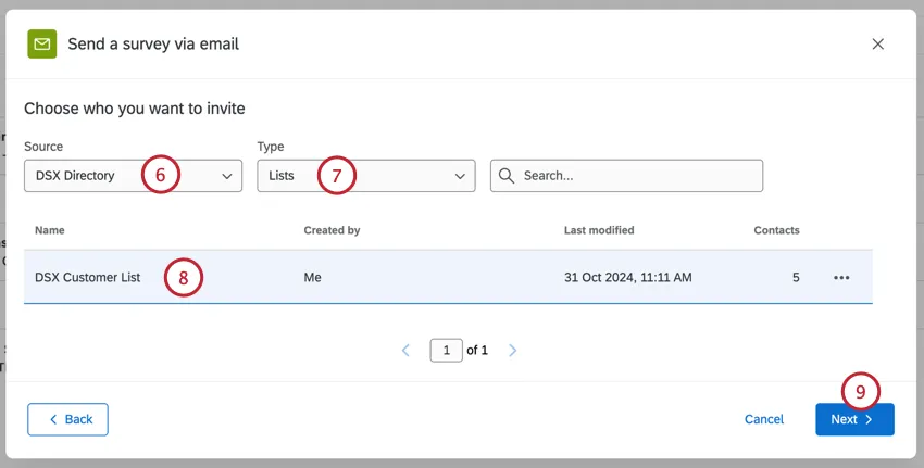 choosing the source that contains the contacts to survey