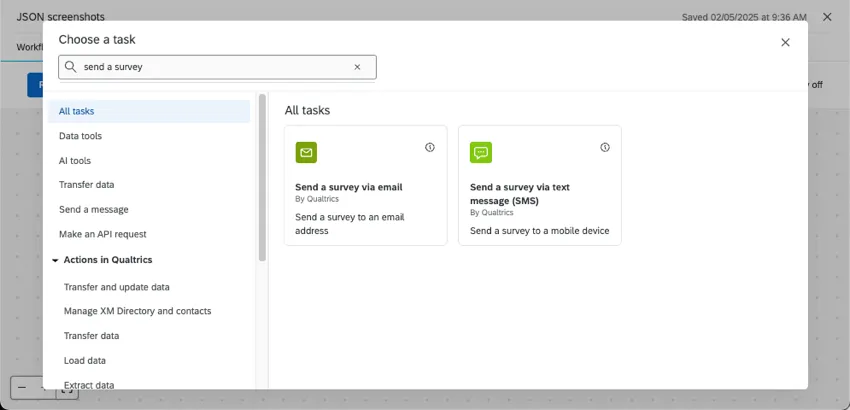 in the choose a task window, searched send a survey, and an option for email and for text message appeared