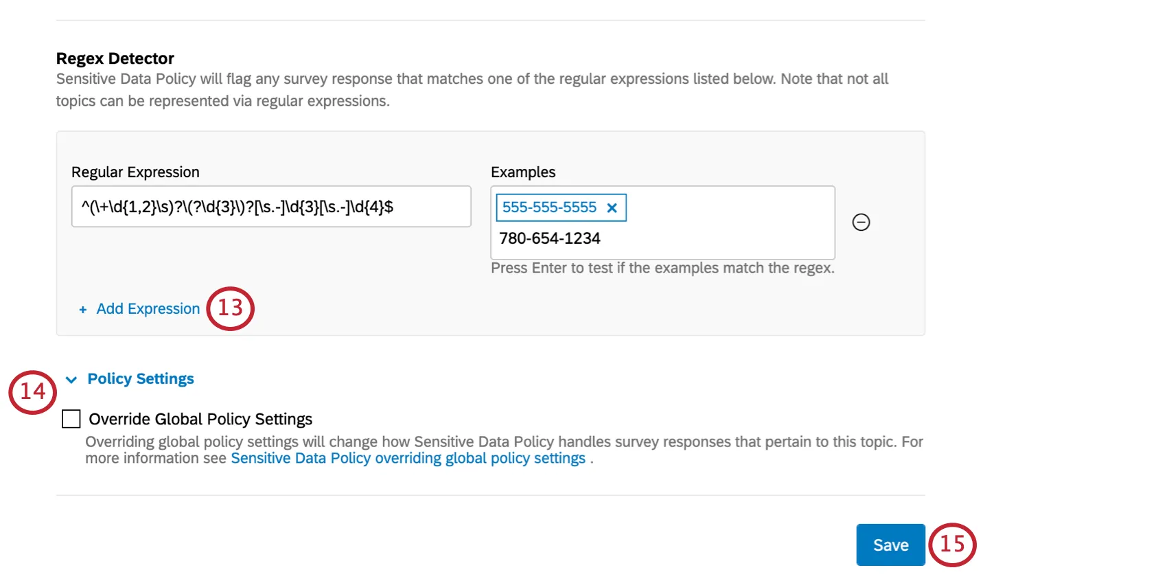 Shows what dictionary looks like uploaded, as well as regex. Policy Settings at the bottom of the window