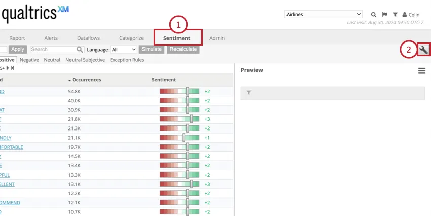 in the sentiment tab, clicking the sentiment transfer wrench icon