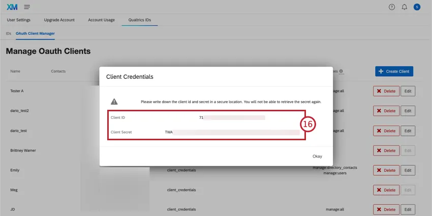 ウィンドウに表示されるクライアントIDとクライアントシークレット