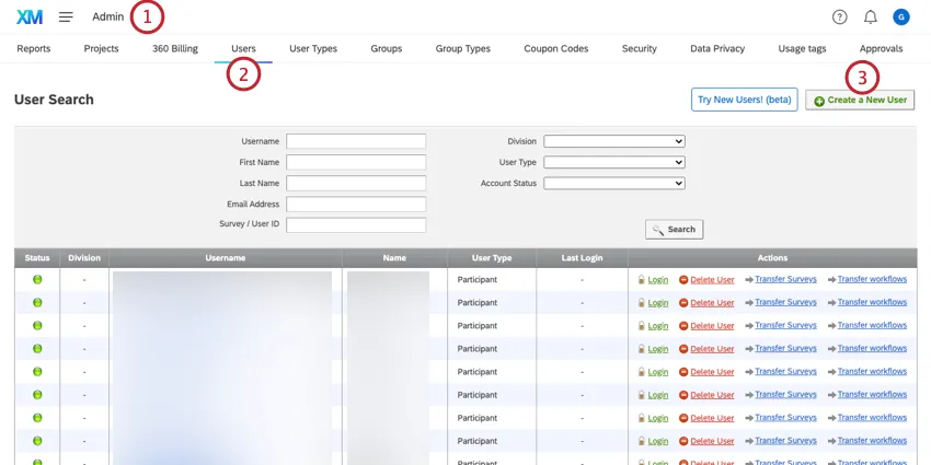 Navigating to the Admin section, the Users tab, and then clicking Create a New User