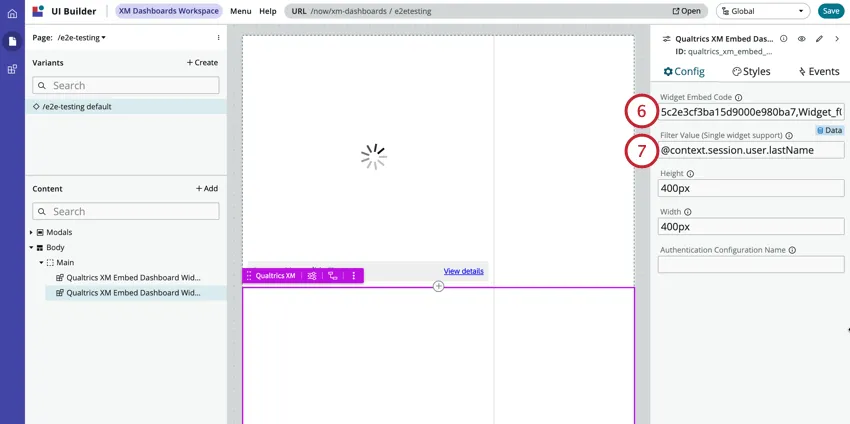 adding the widget code and choosing the servicenow field to filter by