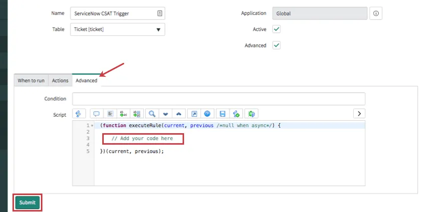 Advanced tab open and JSON body highlighted. Submit button bottom