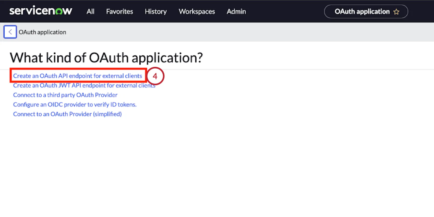 clicando em Criar um ponto de extremidade API OAuth para clientes externos no servicenow