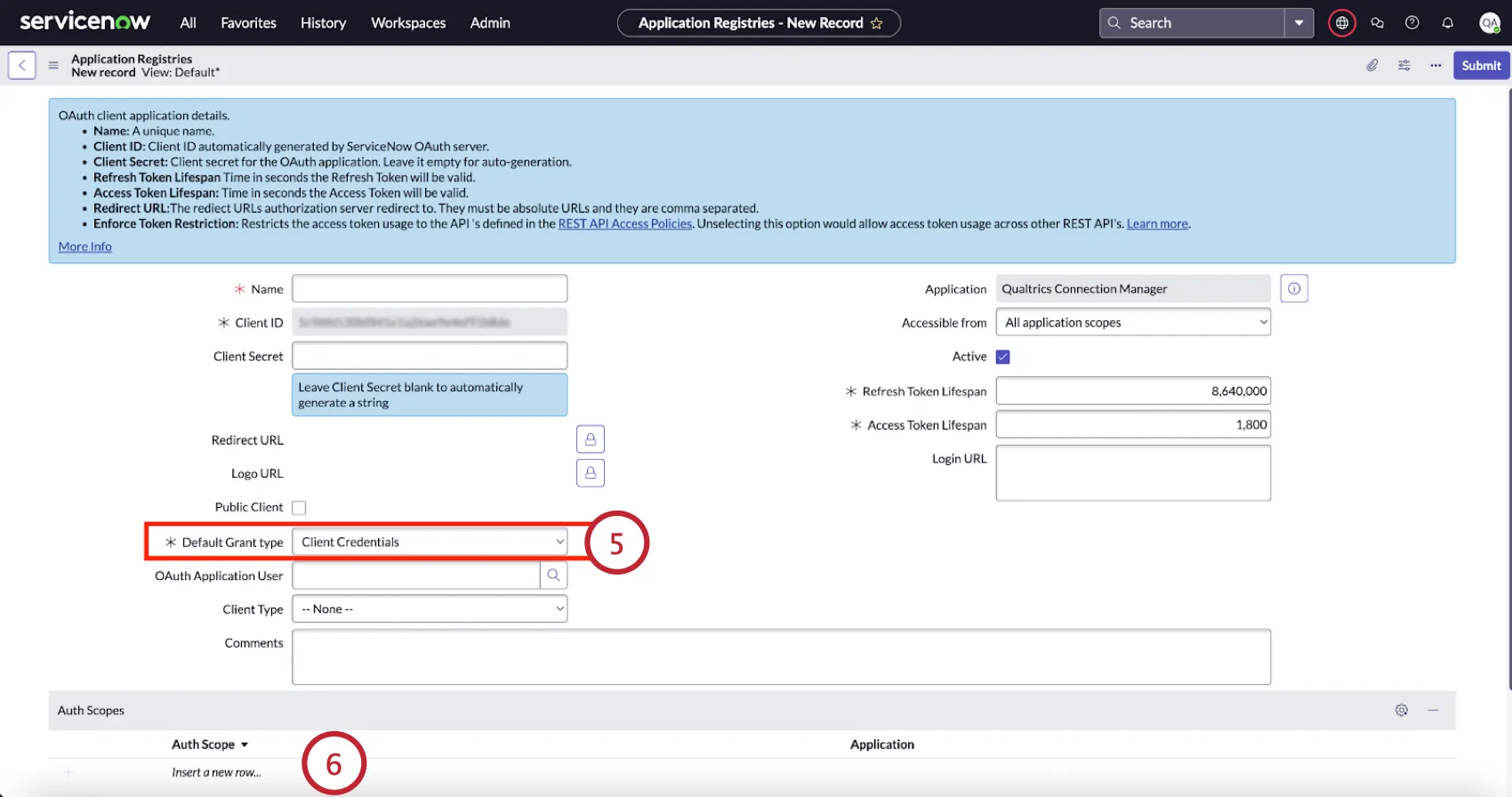 choosing client credentials as the grant type and adding an auth scope