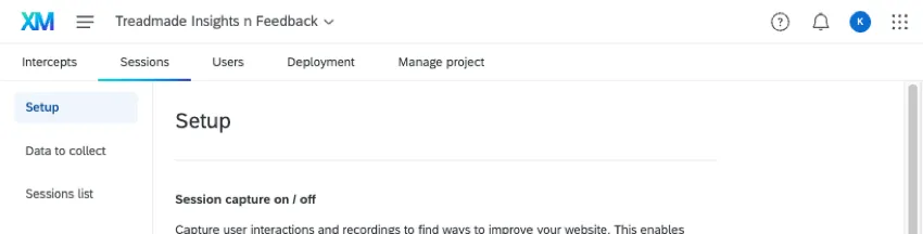 setup section of sessions tab