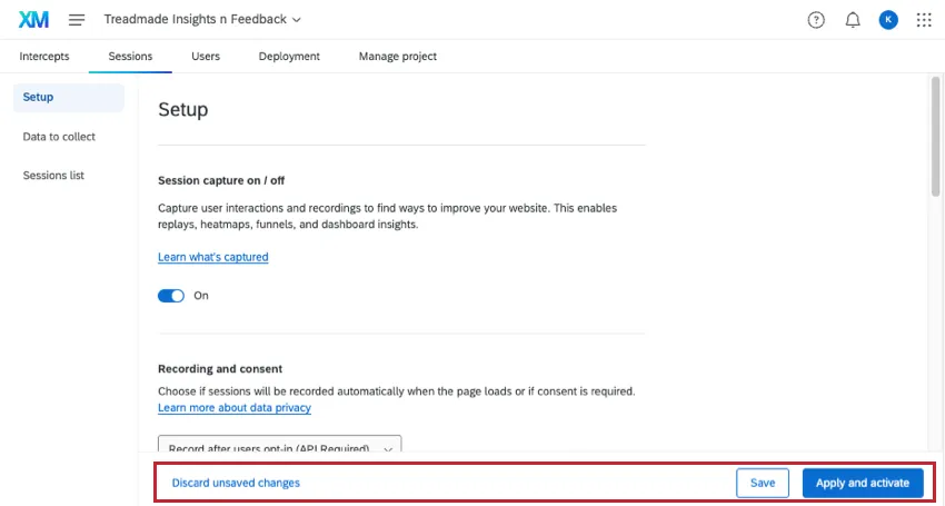imagem da guia de configuração com as opções de salvar ou descartar alterações na parte inferior da tela