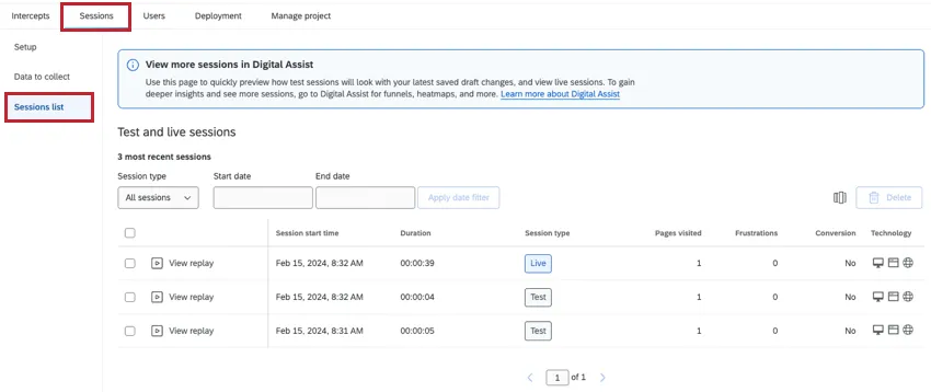 sessions list section of sessions tab