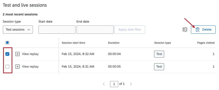 selecting multiple sessions and clicking delete