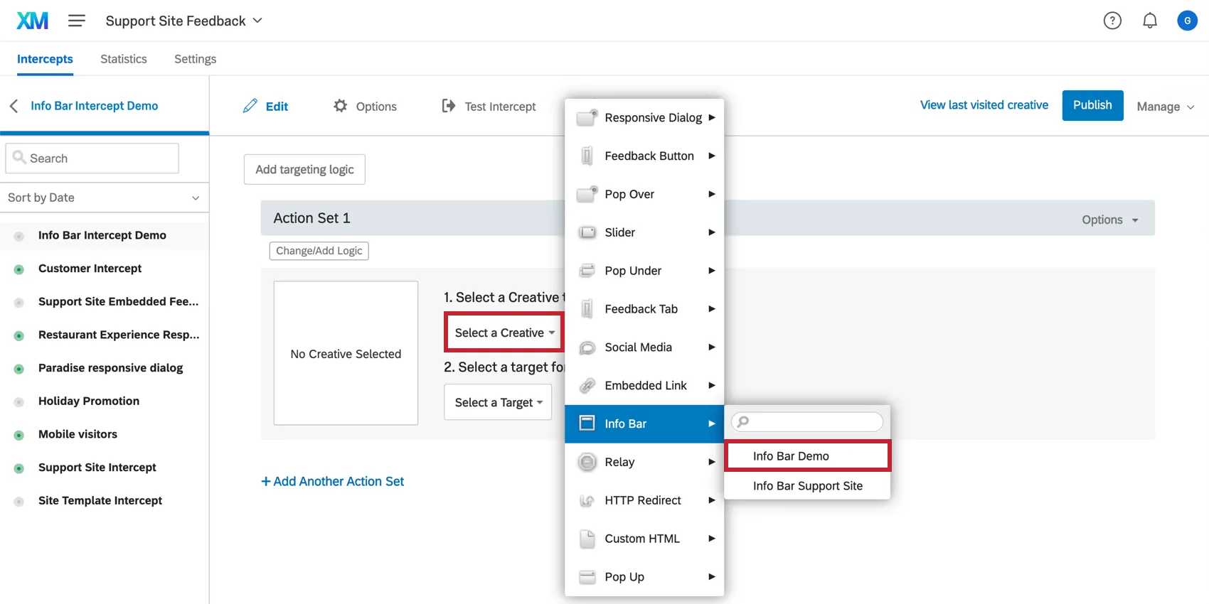Choosing a creative for an intercept from the drop down list that appears