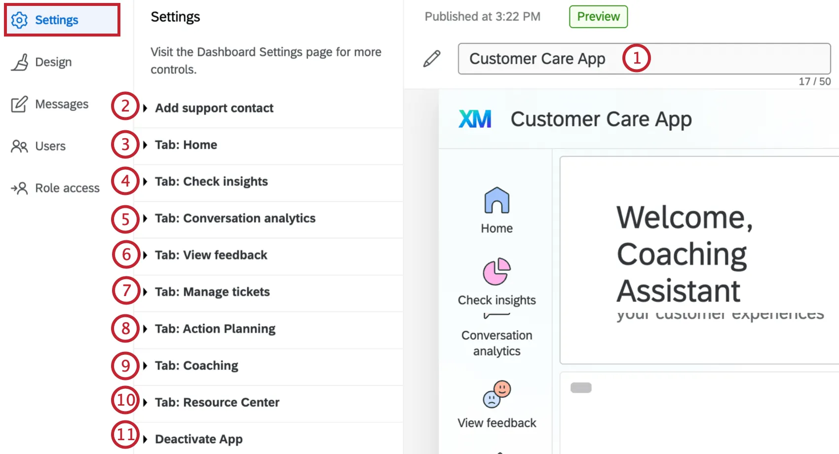 nella scheda impostazioni, gestendo le diverse schede disponibili nellapp di customer care