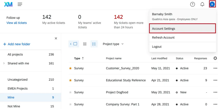 facendo clic sullicona dellutente e poi su Impostazioni account