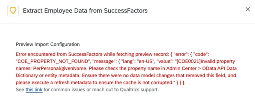 the error message when a property cannot be found