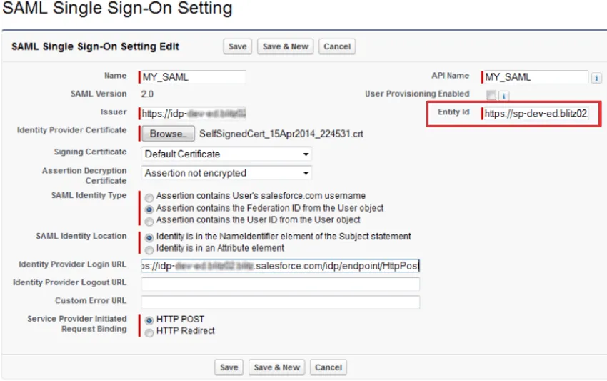 SalesforceのSAML SSOウィンドウで、右側に表示されるエンティティID