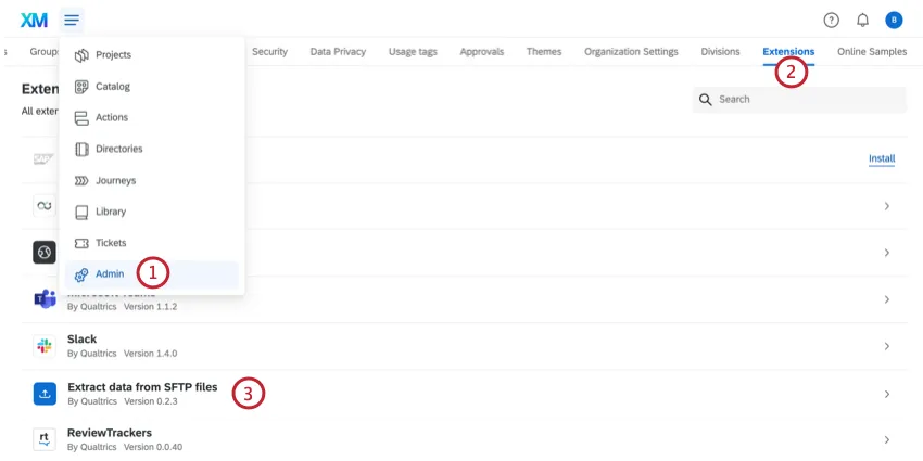 Navegando a la sección de extensiones del administrador y seleccionando la extensión extraer datos de archivos sftp