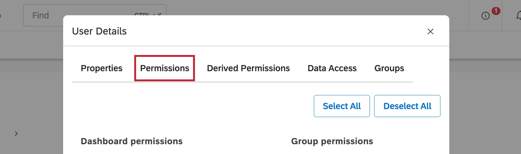 permissions tab of user editing window