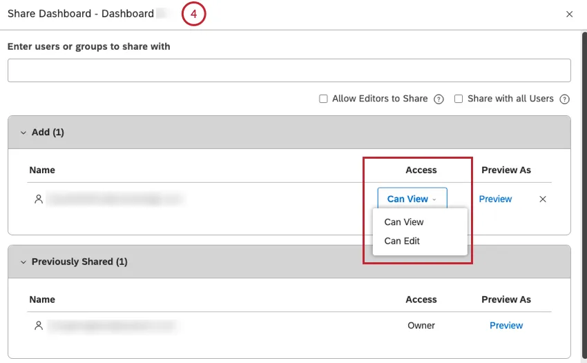 Share dashboard window