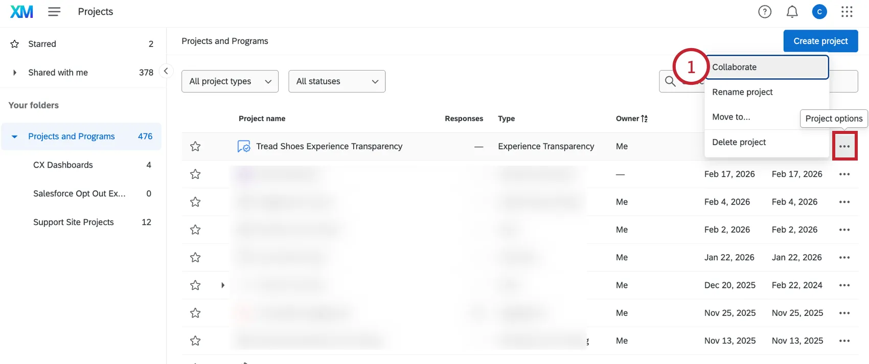 selecting "collaborate" from the project options